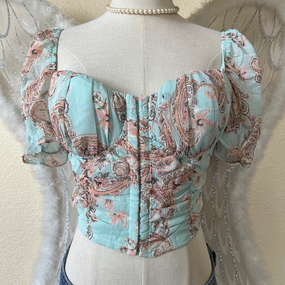 Romantic Floral Corset Top Ruched Puff Sleeve Paisley M Doll Cute Pastel Retro - Picture 2 of 9